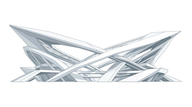 Futuristic white architectural structure with deconstructivist design, featuring sharp intersecting geometric planes and sweeping curves isolated on a white background.