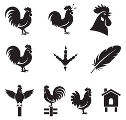 Obraz premium Black silhouettes of roosters and chickens on white background