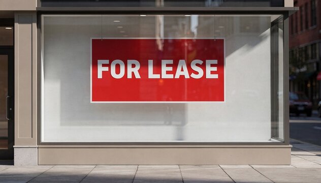 Vibrant red 'FOR LEASE' sign prominently displayed in a clean, modern storefront window on a commercial street, indicating available retail or office space, illuminated by bright daylight, symbolizing