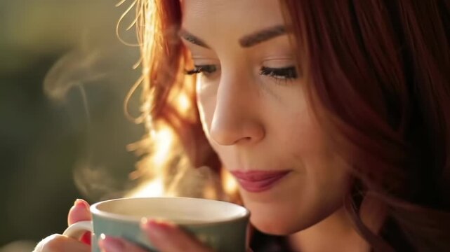 Woman savoring coffee or tea with eyes closed in golden hour light outdoors