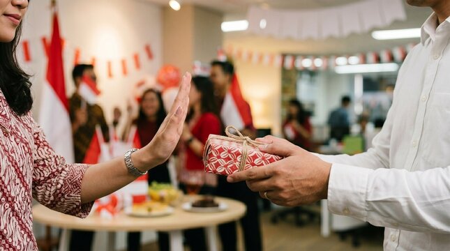 Woman refusing a gift from a man in an office setting
