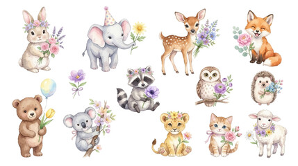 Fototapeta premium Cute watercolor baby animals with flowers and pastel spring decor. Collection of Vector illustrations for invitation, card, poster, banner, decoration