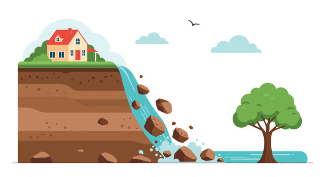 Dangerous landslide event where rocks and debris are falling from a cliff near a residential house into the water below.