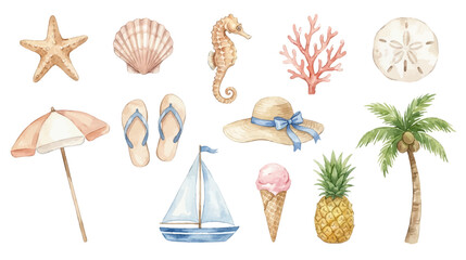 Tropical beach watercolor collection with seaside summer elements. Collection of Vector illustrations for invitation, card, poster, banner, decoration © maria