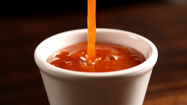 Orange hot sauce being poured into a small white bowl on a wooden table.