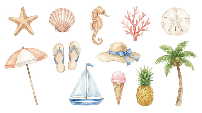 Tropical beach watercolor collection with seaside summer elements. Collection of Vector illustrations for invitation, card, poster, banner, decoration