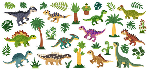 Cartoon dinosaurs set. Cute prehistoric animals, plants and trees of the Jurassic period for kids. Ankylosaurus, stegosaurus, carnosaur, saurolophus, and more. © Ирина Яшкирева
