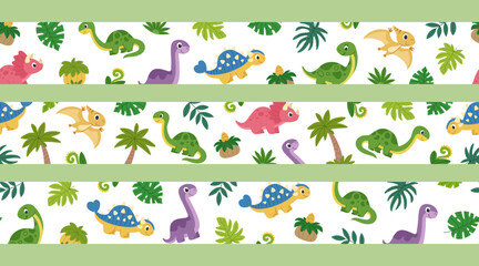 Cartoon children dinosaur border set for kids. Prehistoric cute herbivorous dinosaurs and plants decorative horizontal seamless ornaments. © Ирина Яшкирева