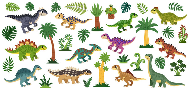 Cartoon dinosaurs set. Cute prehistoric animals, plants and trees of the Jurassic period for kids. Ankylosaurus, stegosaurus, carnosaur, saurolophus, and more.