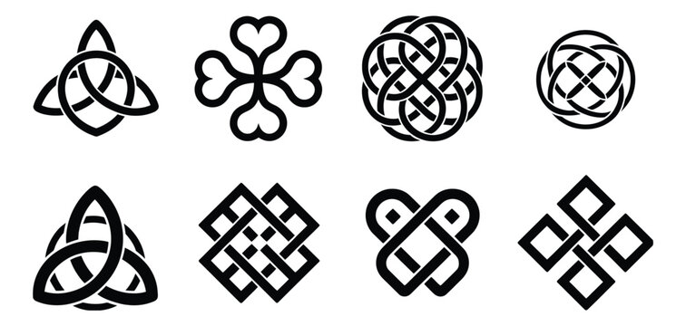 Endless Knot Symbols Vector Set with Buddhist Sacred and Celtic Intertwined Patterns, Spiritual Cultural Ornament Designs for Decorative Artwork and Traditional Motifs