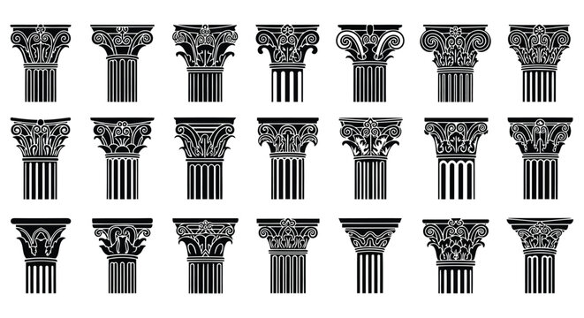 A grid of twenty black silhouette icons of classical architectural columns with ornate capitals Keywords: column, pillar, architecture, classical