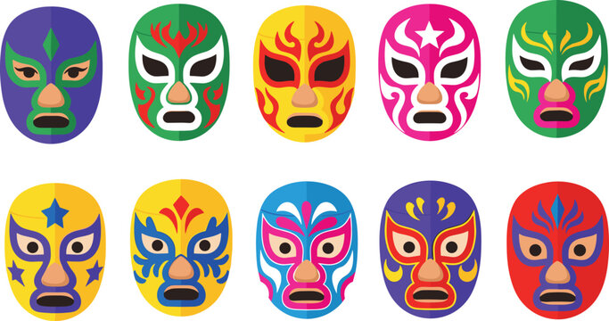 Colorful Flat Mexican Lucha Libre Wrestling Mask Collection with Flame Star Floral and Tribal Designs in Bold Vivid Colors Vector Illustration Set