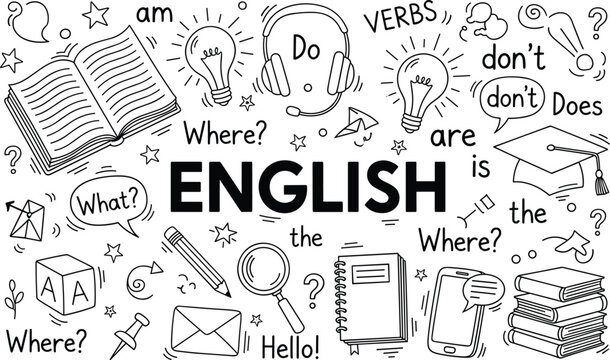 Black and White Hand Drawn English Language Learning Doodle Banner with Book Headphones Lightbulb Magnifier Notebook Phone Graduation Cap Grammar Words Vector Illustration