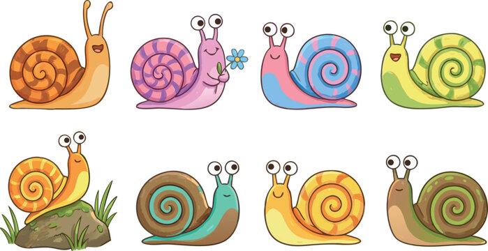 Cute colorful cartoon snail characters with spiral shells vector illustration set isolated on white background