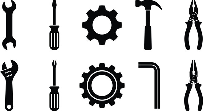 Black silhouette icons of various hand tools and mechanical symbols