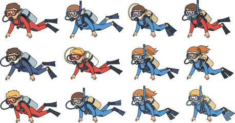 Cute cartoon scuba divers swimming underwater vector set collection with little boy and girl characters wearing wetsuits oxygen tanks masks and flippers for summer vacation design © Suchana