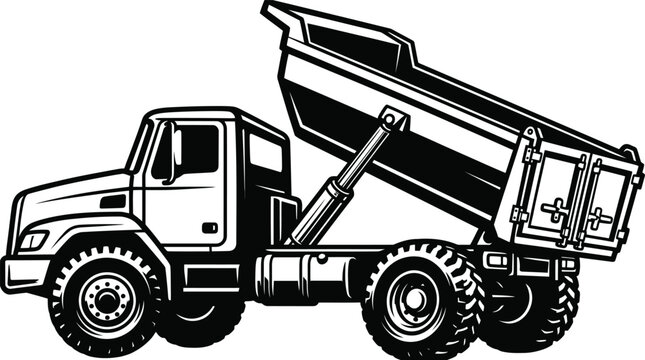 Black and white illustration of a dump truck