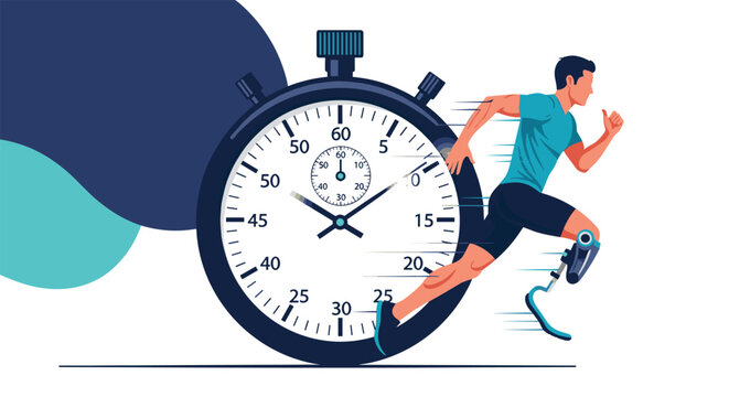 Determined athlete with a prosthetic running leg sprints with great speed past a large stopwatch, symbolizing time and perseverance in sports.