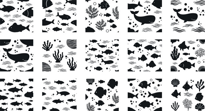  Marine life repeat backgrounds pack with whale fish seaweed shell and abstract sea elements in linocut style