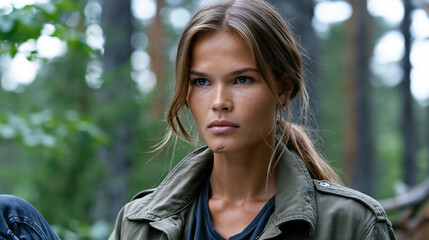 Fototapeta premium Woman portrait forest jacket outdoor serious autumn brunette freckles model woman portrait forest jacket outdoor serious autumn brunette freckles model nature woodland tree leaf foliage calm