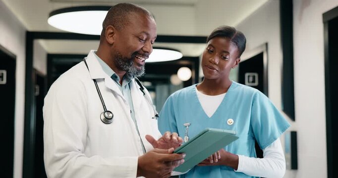 Tablet, doctor and discussion with nurse for healthcare, planning schedule or advice with mentor. Hospital, medical team and black people with insurance report, training and feedback in meeting