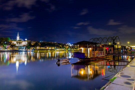 Serbia, Belgrade, Novi Beograd, Savski Venac, Sava River, Party ship and restaurant at riverside