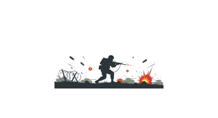 Fototapeta premium Silhouette of a soldier in a combat stance with explosions and debris on a white background with a dark and intense mood.