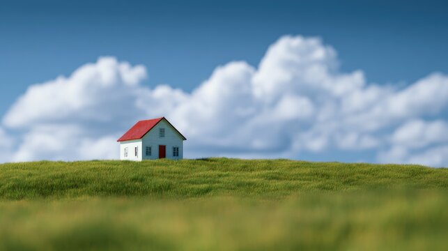 Small white house with red roof sits alone on a grassy hill under a blue sky with clouds