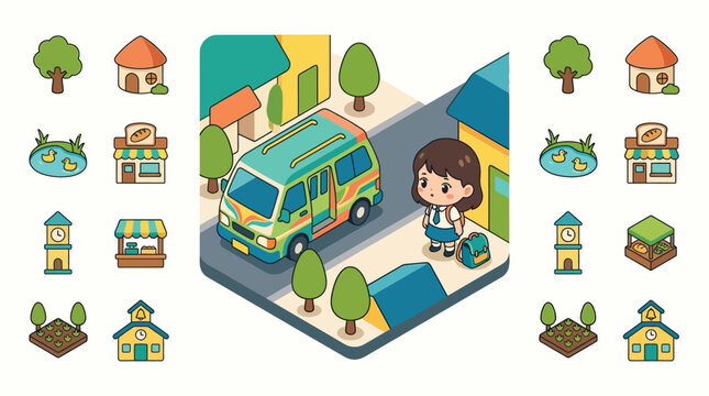 Isometric flat vector illustration of a cute chibi schoolgirl waiting for a colorful bus in a small town, featuring town map icons like a bakery, school, pond, and vegetable garden.