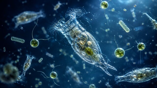 Microscopic aquatic life showing rotifers and plankton in water.