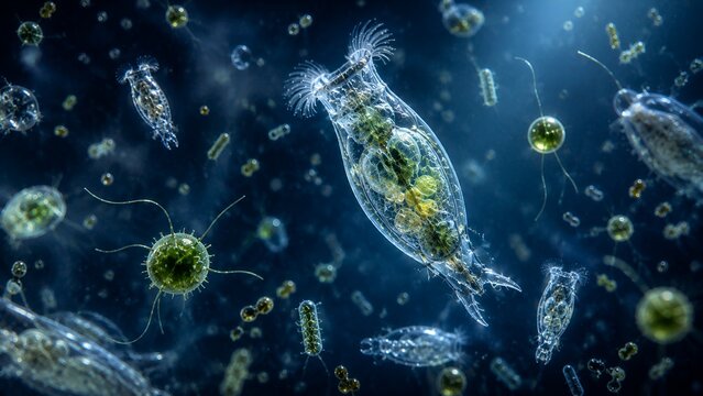 Microscopic view of aquatic microorganisms plankton rotifers and algae in blue water.