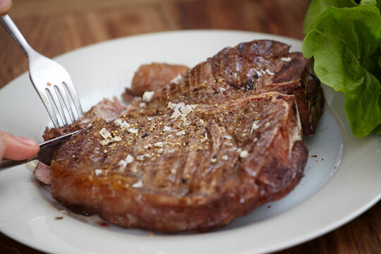 Large steak on plate