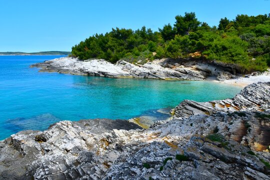 Rocky coast and a beach at a cove at Kamenjak in Istria, Croatia