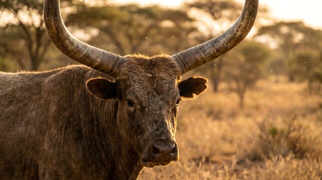 A large brown buffalo with impressive horns stands in a savannah environment surrounded by trees and dry grass looking directly ahead.