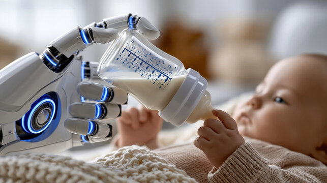 Robot hand baby feeding bottle artificial intelligence future technology infant care milk nursery calm robot hand baby feeding bottle artificial intelligence future technology infant care milk