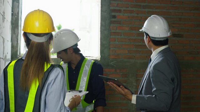 Construction site inspection team hard hat and safety vest discussing building progress with engineer architect unfinished brick building interior, construction site discussion and inspection