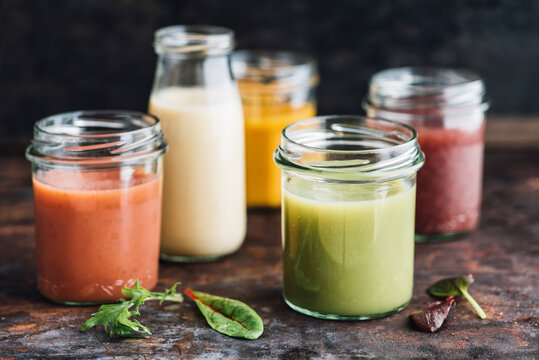 Glasses of various smoothies
