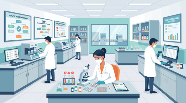 Scientists in white lab coats conduct rigorous medical research and data analysis within a brightly lit, modern clinical laboratory facility to develop new pharmaceutical treatments for public health.
