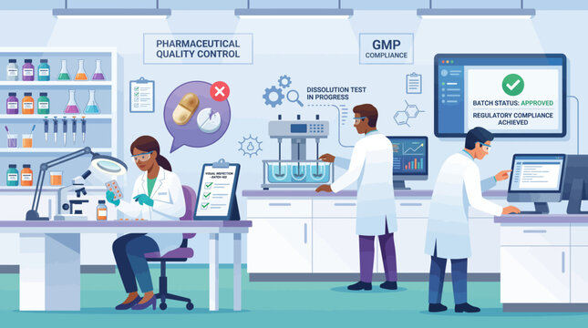 Diverse scientists conducting quality control in pharmaceutical lab flat vector illustration design.