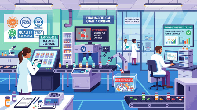 Pharmaceutical quality control team detecting defective products in a high-tech lab, flat vector illustration.