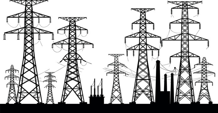 High voltage power lines electrical pylon towers and factory station silhouette vector illustration for industrial energy infrastructure design elements
