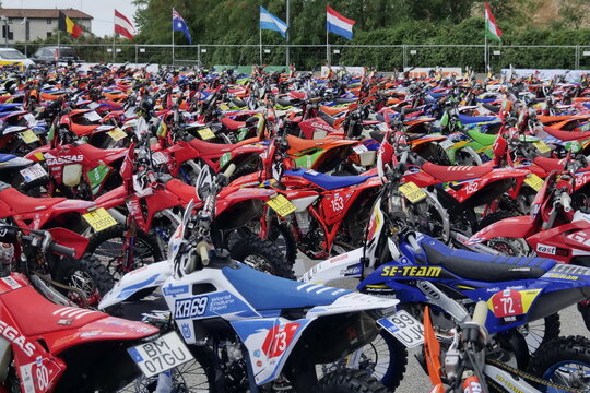 Motorcycles on display in the closed park of the Bergamo fair for the Enduro World Championship