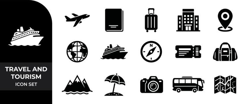 Travel and Tourism Icon Set. global vacation journey transportation symbols. vector black icons collection