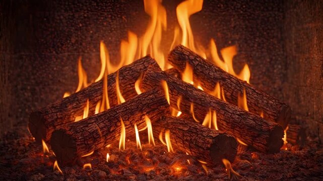 Warm fireplace with glowing logs and vivid flames illuminating a cozy interior. Embers shimmer beneath the wood, creating a tranquil, comforting atmosphere perfect for winter relaxation.
