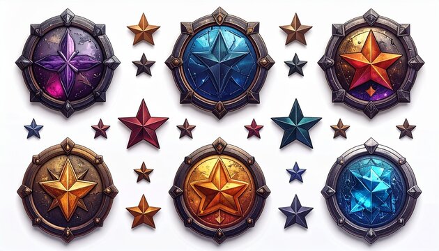 白背景のメタリックファンタジーゲームアイコンセット 星と紋章の高級バッジコレクション03 : Metallic Fantasy Game Icon Set on White Background with Star Emblems and Premium RPG Badges