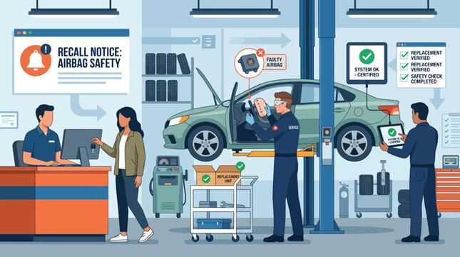 Automotive Airbag Safety Recall Process Performed in Service Center Flat Illustration Vector