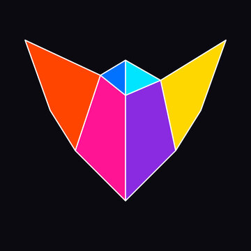 Abstract low poly geometric background with colorful triangular patterns in purple pink and orange gradients.