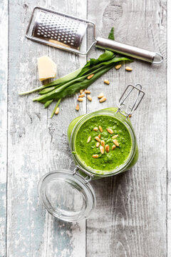 Glass of homemade ramson pesto