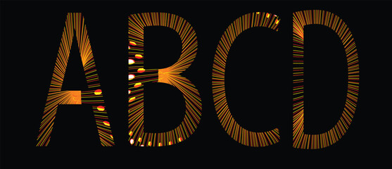 Abstract Glowing Letters A B C D with Creative Orange Light Streaks and Spark Burst on Black Background © Abid
