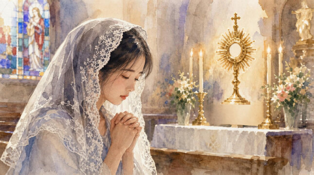 young woman praying in the church wearing mantilla